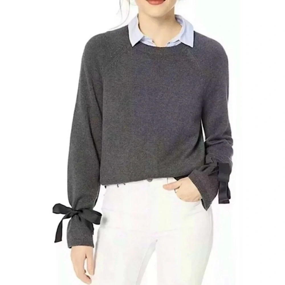 J. Crew Mercantile Small Dark Gray Knit Sweater Black Ribbon on Cuffs